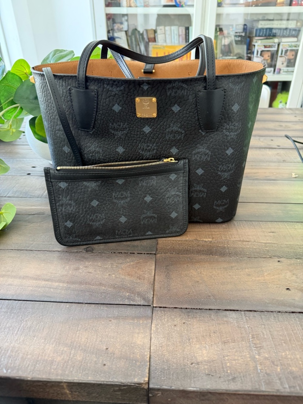 MCM Black Tote with Matching Pouch and Gold Plaque